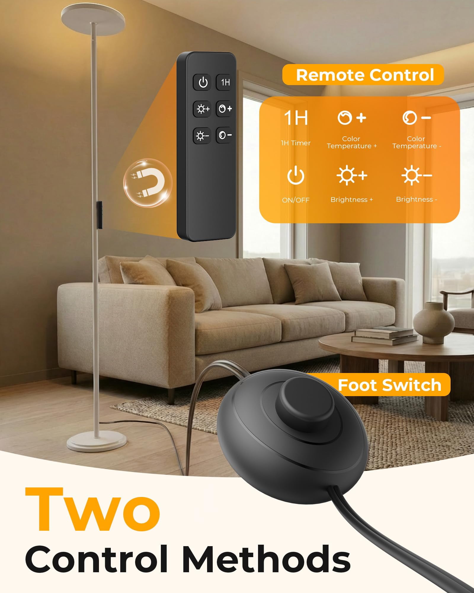 Led Floor Lamps  2800lm Standing Lamp Remote & Foot With 1h Timer 2700-6500k Stepless Dimmable Modern Pole Light For Bedroom Office Reading White
