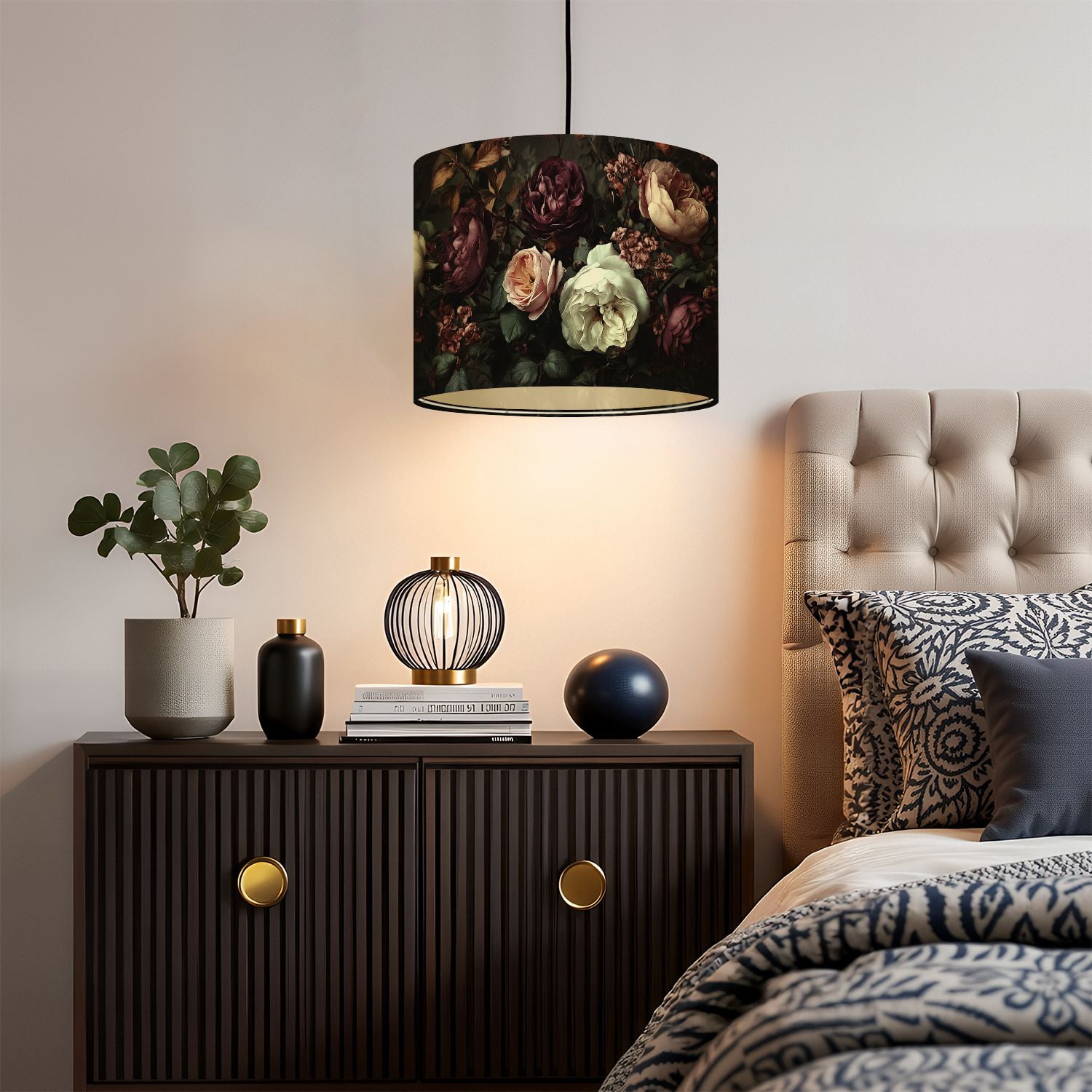 Linen Drum Lampshades Elegant Floral Arrangement Deep Burgundy Soft Pink White Roses Dark 13"x13"x10" Light Shade for Table Lamps Floor Lamp Shades Lampshade Replacement Assembly Required