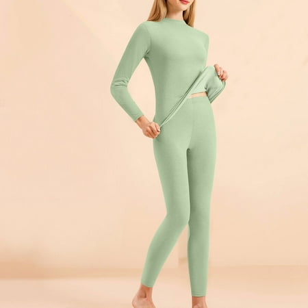 Thermal Underwear Top And Leggings Set For Women Winter Casual Comfortable Fitted Warm And Thick Velvet Silk Collar Neck Seamless Gelatin Style Home Clothes Green XXXL