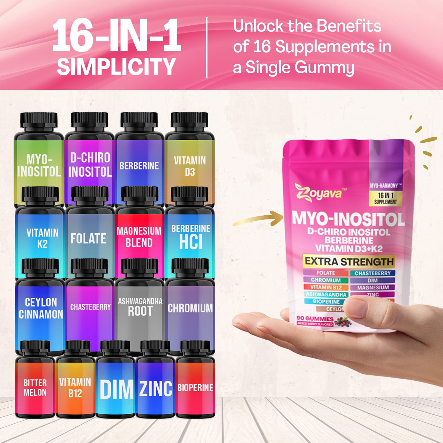 Myo-Inositol Gummies, D-Chiro Inositol, Berberine, Vitamin B12 D3 K2, Folate, Chromium, Chasteberry, Ceylon Cinnamon, Bitter Melon, Ashwagandha, Zinc, Magnesium, DIM Bioperine,Mixed Berry, 90 Gummies