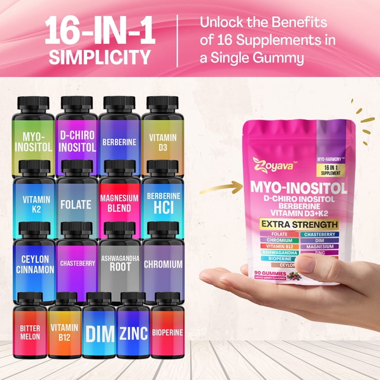 Myo-Inositol Gummies, D-Chiro Inositol, Berberine, Vitamin B12 D3 K2, Folate, Chromium, Chasteberry, Ceylon Cinnamon, Bitter Melon, Ashwagandha, Zinc, ... Myo-Inositol Gummies, D-Chiro Inositol, Berberine, Vitamin B12 D3 K2, Folate, Chromium, Chasteberry, Ceylon Cinnamon, Bitter Melon, Ashwagandha, Zinc, ...