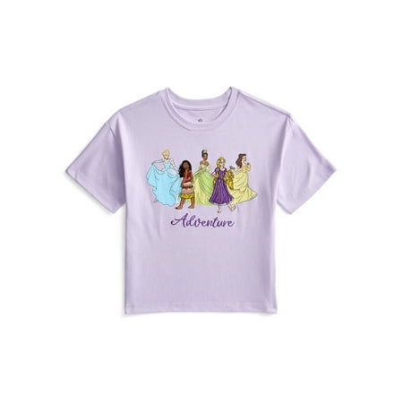 Disney Princess Girls Front Back Graphic Tee with Embroidery, Sizes 4-16