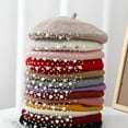 thumbnail image 3 of Beret Hat for Women, French Pearl Rhinestone Beanie Hat Winter Warm Adjustable Artist Cap 1pcs, 3 of 7