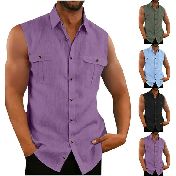 Lovskoo Men's Hawaiian Linen Shirt Sleeveless Solid Color Cotton And Linen Button Up Shirt with Lapel Pocket Beach Shirt Black