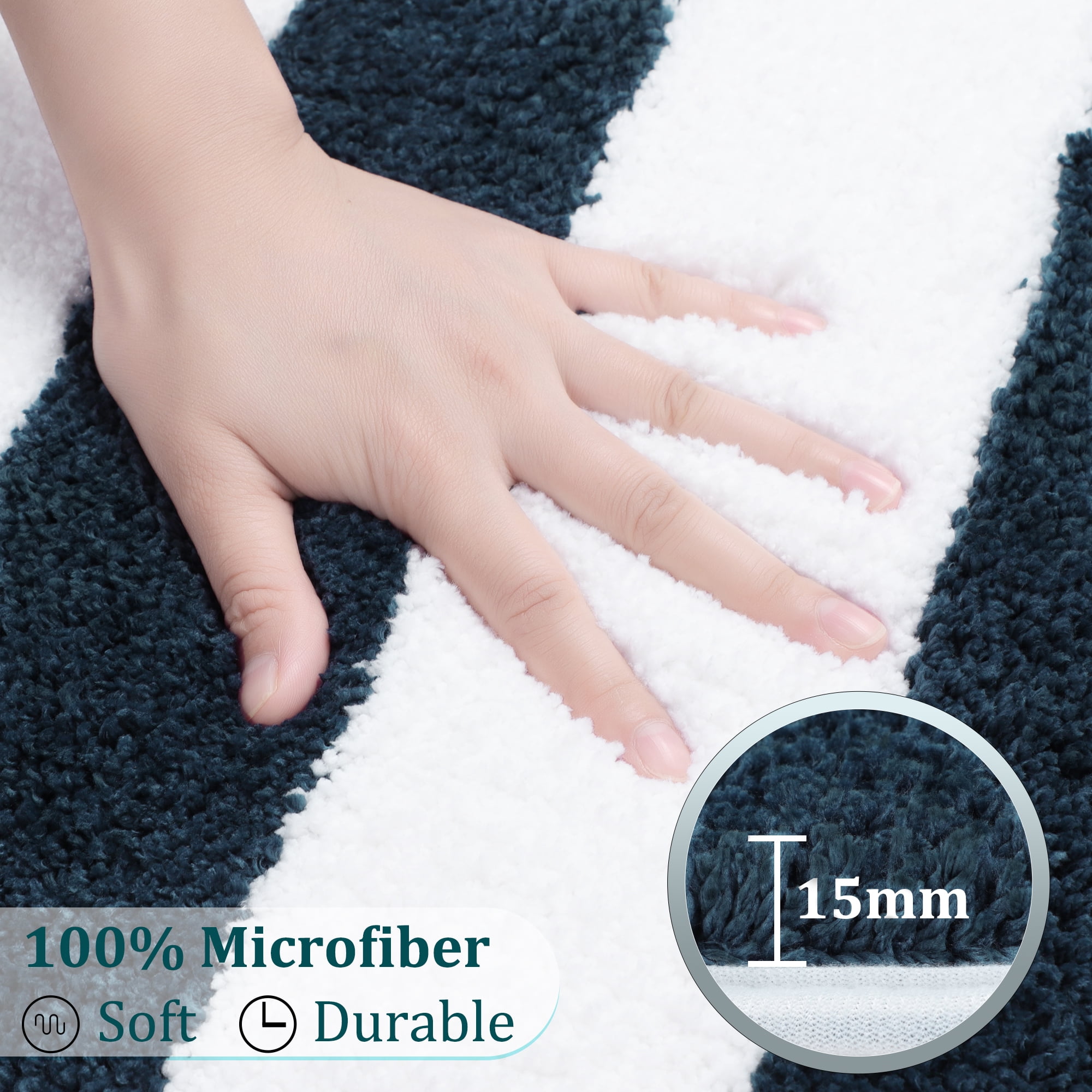 REGALWOVEN Microfiber Striped Bathroom Rugs, Shaggy Soft Thick&Water Absorbent Bath Mat Moroccan Blue&White 20"x31"