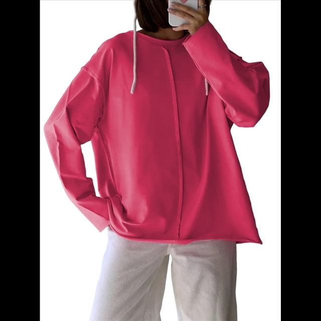 Camisetas de Larga Extragrandes para Mujer, Camisetas Básicas de Cuello Redondo, Tops de Otoño, Ropa Informal de Entrenamiento Y2K. Rosa Roja M