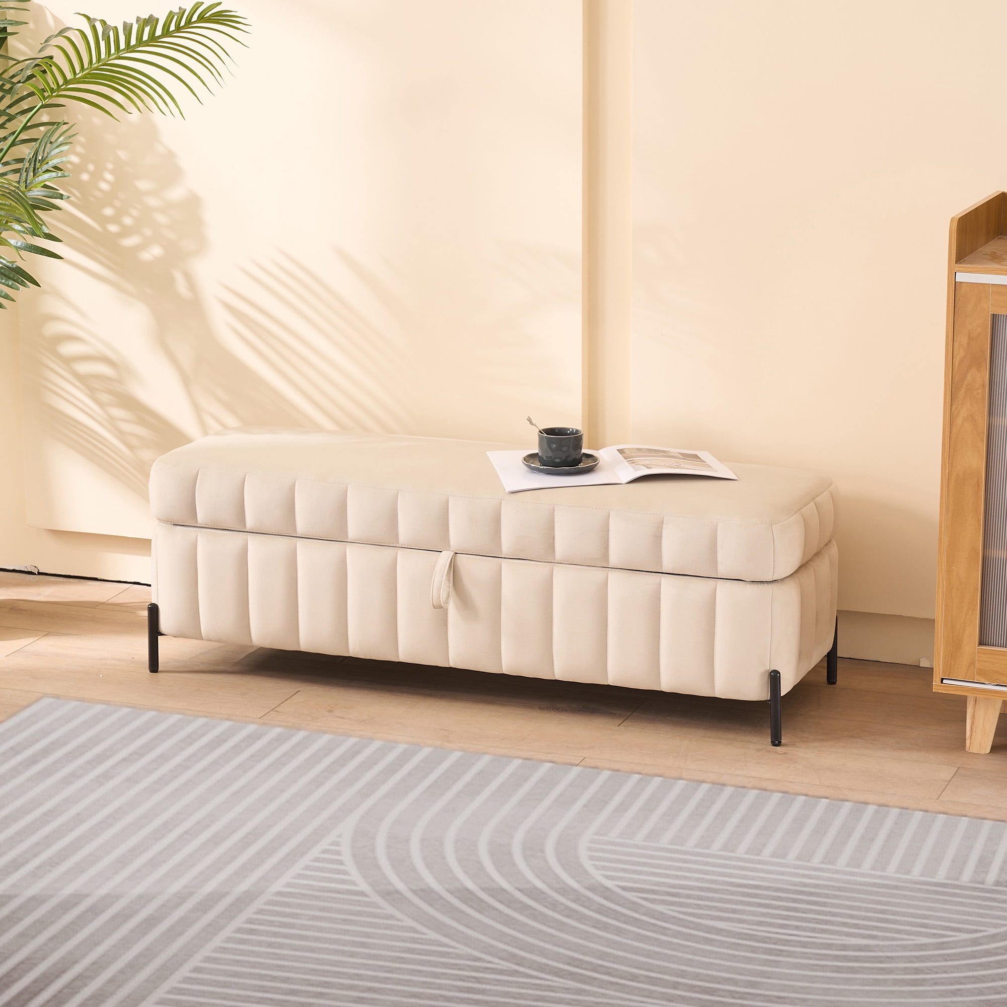 Storage Bench, Beige Velvet Upholstery with Hidden Compartment, 49.21 Inch Wide Soft Footstool Ottoman for Bed End, Living Room, Entryway, Black Metal Legs, 275 lb Capacity