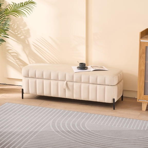 49.21" Wide Upholstered Velvet Storage Soft Bench Footstool Ottoman End of Bed with Metal Legs, Foot Rest for Living Room, Entryway and Bedroom. Beige