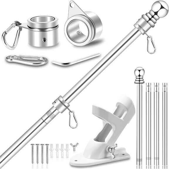 House Flag Pole Kit, 1" Spinning Thicken Stainless Steel Metal Flagpoles for Outside House Porch Post Wall Mount with 2-Position Flagpole Holder Bracket & 360° Flag Ring for 3x5 Flag