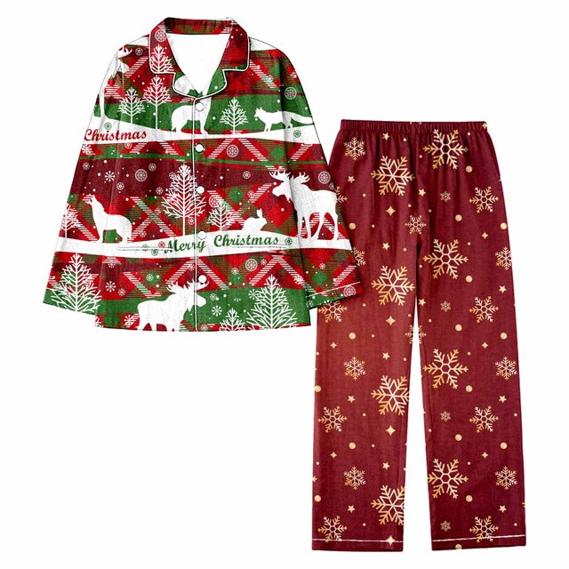 Gibobby Camisones de algodón para mujer Conjunto de pantalón informal de manga larga con estampado completo de solapa navideña para mujer, de nieve navideños de Papá Noel (Vino, M)