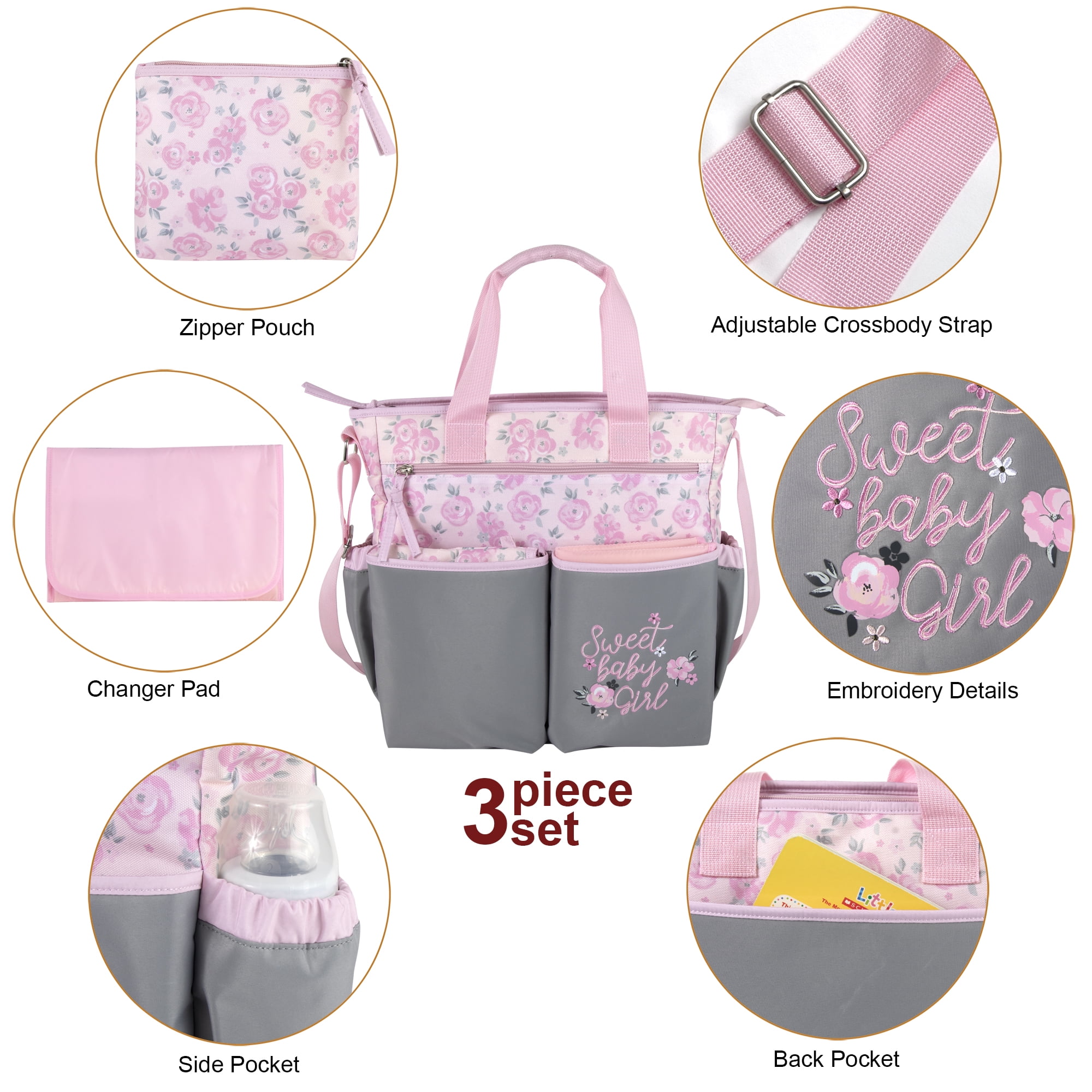 Baby Essentials Floral Crossbody Diaper Bag with Changing Pad & Pacifier Pouch, Pink & Gray, 3-Piece
