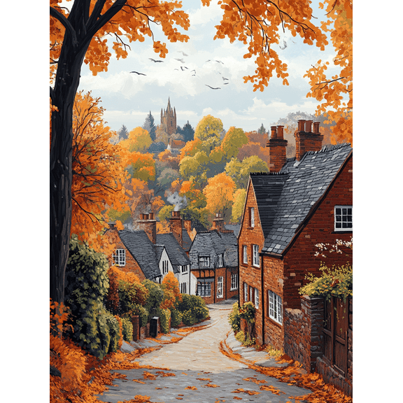 Autumn Village Landscape Canvas Wall Art，Suitable for Living Room，Bedroom，Kitchen，Office，Hallway Decoration.