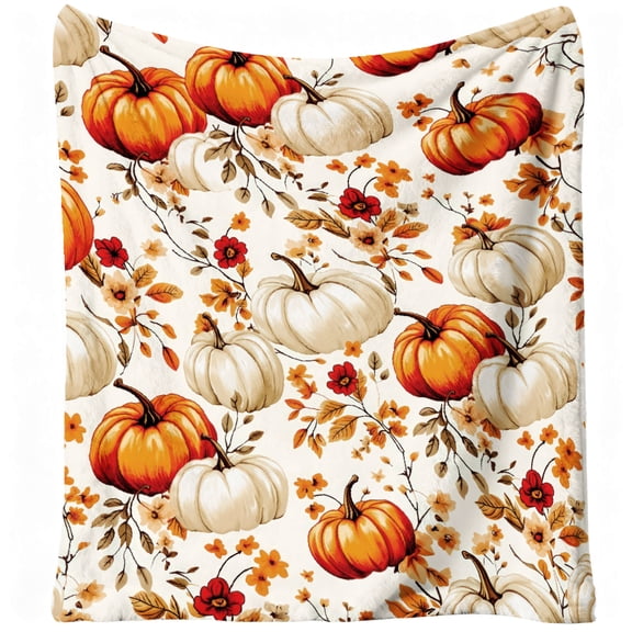 Fall Pumpkin Flannel Throw Blanket, Soft Warm Flannel Sherpa Fleece Throws Orange Pumpkins Leaves Blanket for Couch Bed, Cozy Autumn Throw Blankets