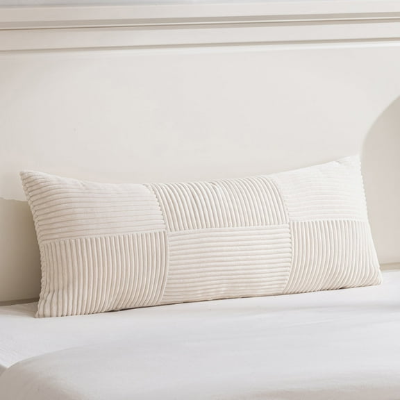 Fancy Homi Set of 1 Cream Boho Long Lumbar Body Decorative Throw Pillow Cover 21x54 inch for Bed Couch Bedroom Bench, Soft Patchwork Corduroy Textured Pillow Case, Rustic Farmhouse Room Decor