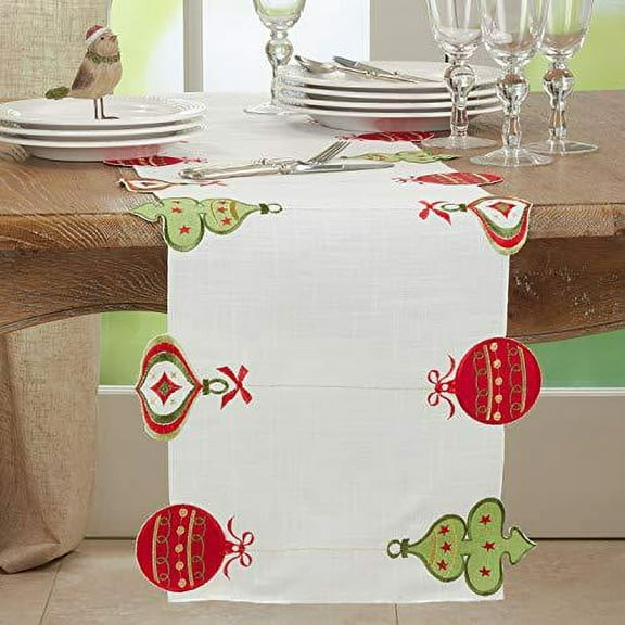 Fennco Styles Embroidered Ornaments Holiday Table Runner 16" W x 72" L - White Festive Table Cover for Christmas, Dining Table, Family Gathering, Banquets and Special Events