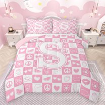 Feelyou Cartoon Monogrammed S Full Size Comforter Sets, Fashion Checkered Abstract Bedding Comforter Set, Teens Kids Girls Women Reversible Bedding Sets, Breathable Home Decor, 3-Piece