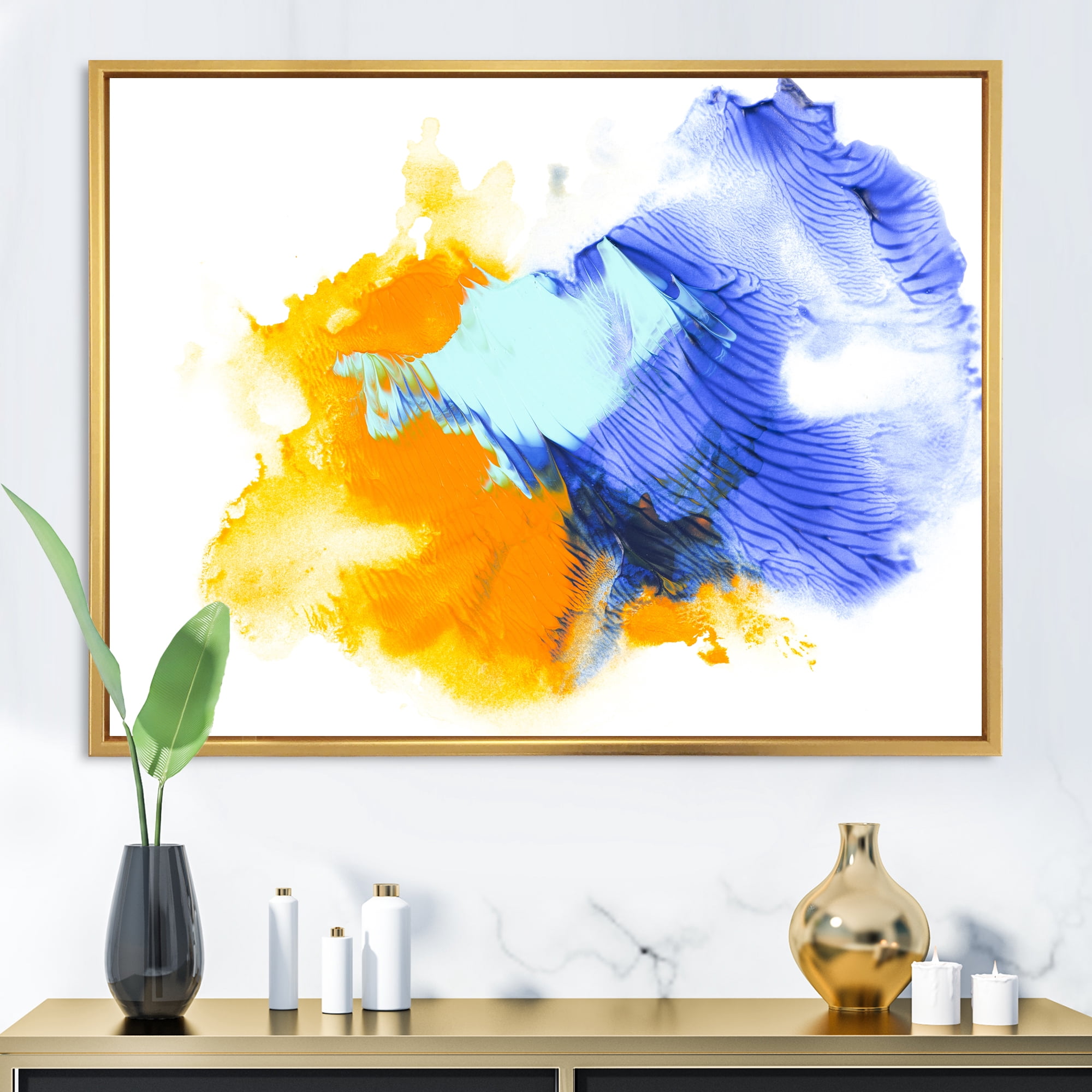 Designart 'Abstract Orange and Blue Clouds' Modern Framed Canvas Wall Art Print