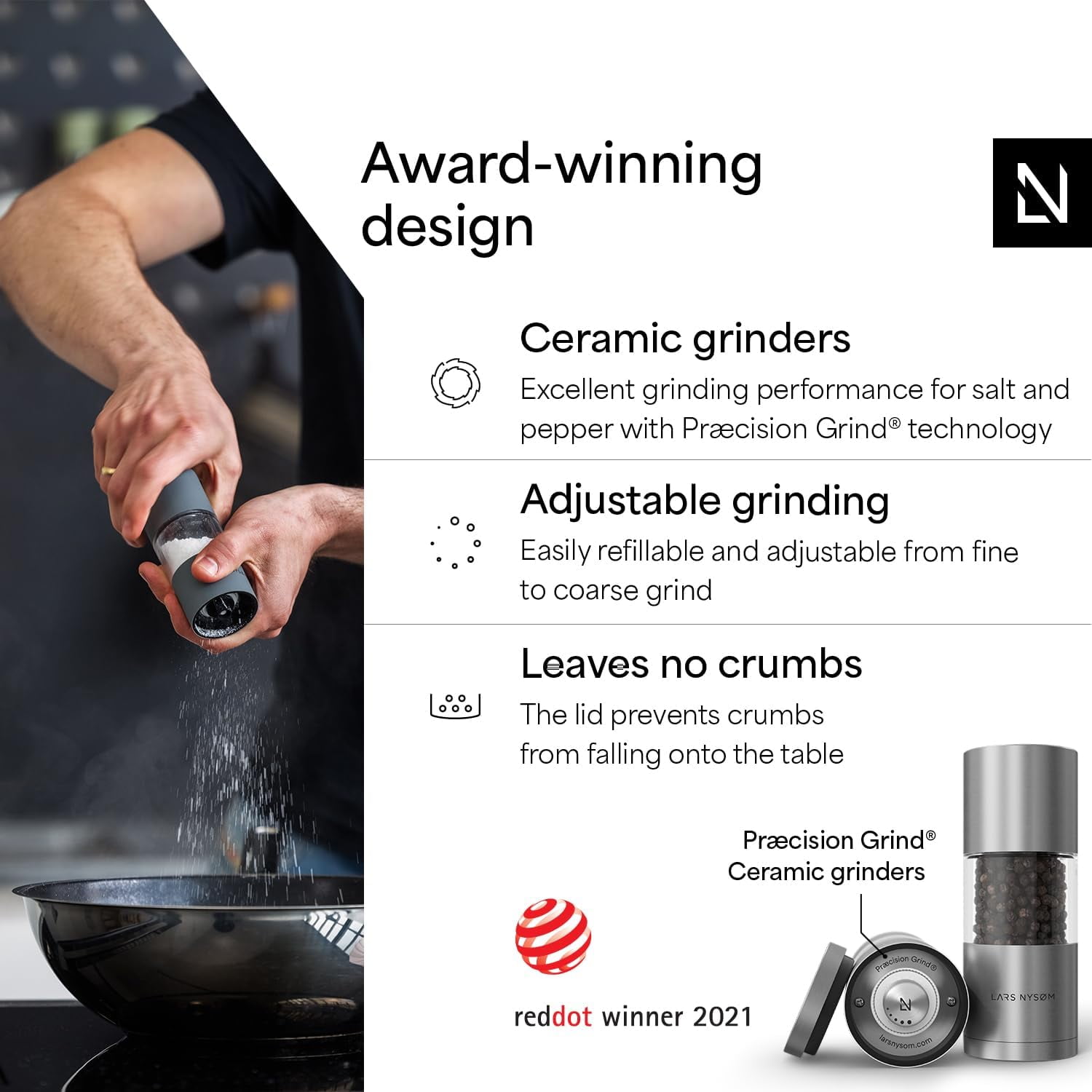 Salt and Pepper Grinder Set, Manual Salt and Pepper Mills with Adjustable Ceramic Grinder, Design Spice Shaker Set (Stainless Steel)