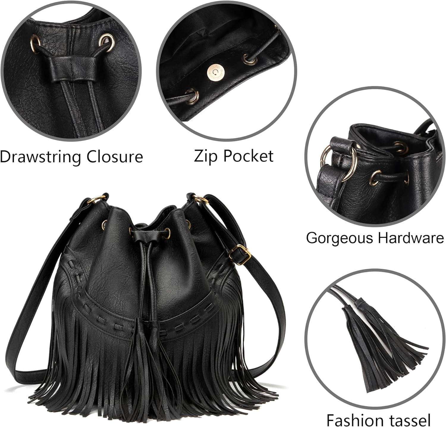 Leather Bucket Bags for Women Crossbody Fringe Purses with Drawstring Ladies Tassel Hobo and Shoulder Handbags
