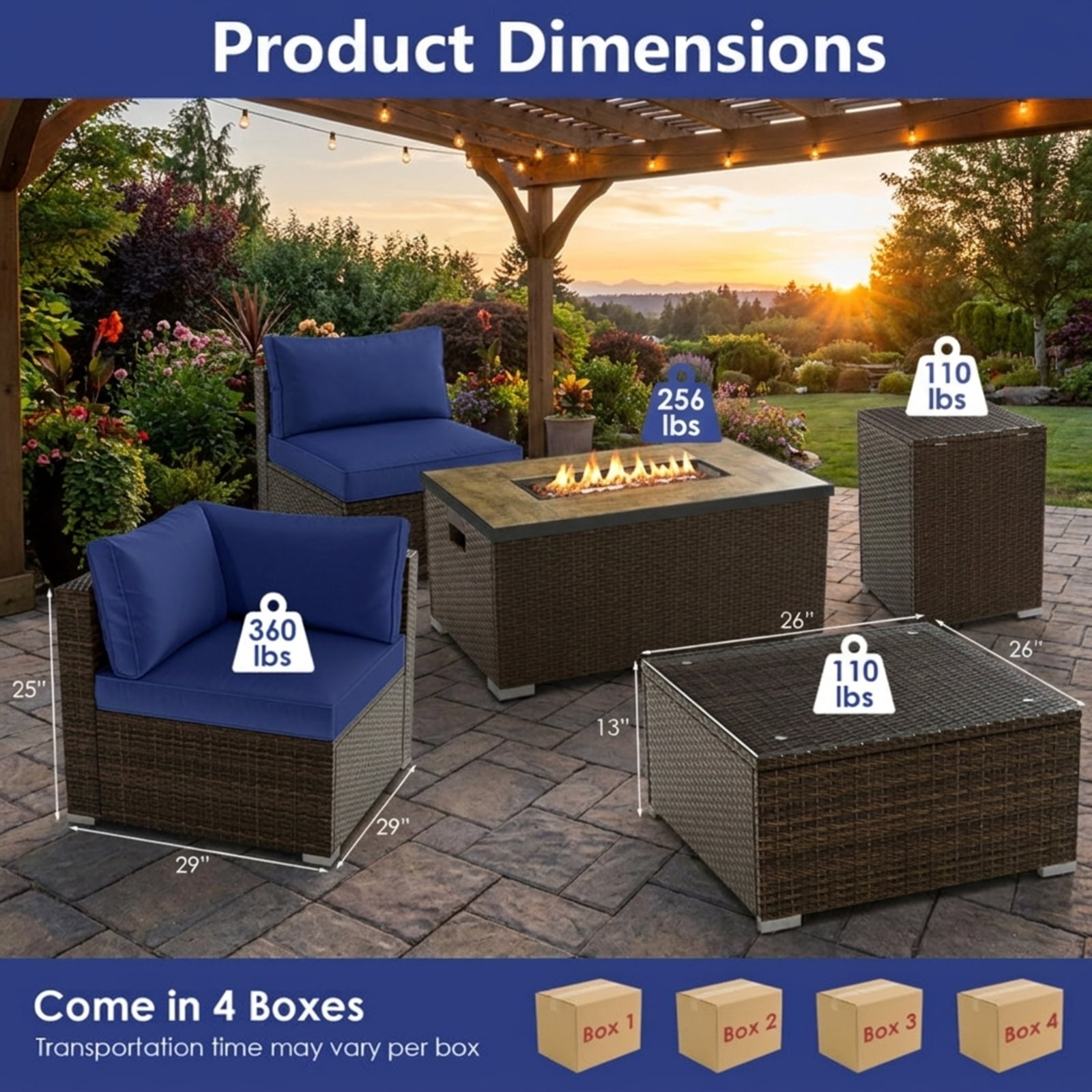 Biotree Patio Furniture Set 7 Piece Outdoor Sectional with 32 Inch Fire Pit Table and propane tank cover outdoor conversation set for garden backyard porch, Navy