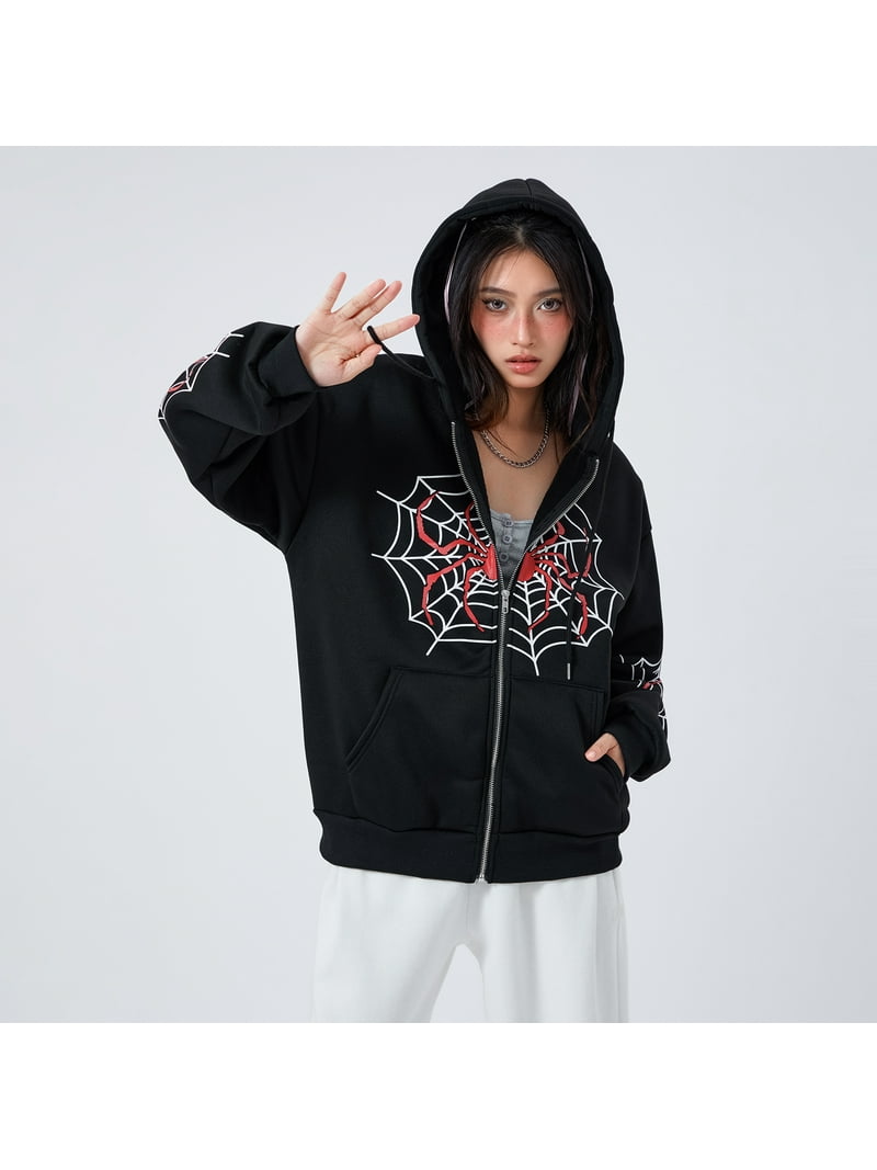 Women Y2K Spider Web Hoodies Vintage Graphic Long Sleeve Zip Up
