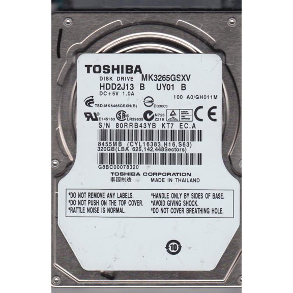MK3265GSXV, A0/GH011M, HDD2J13 B UY01 B, Toshiba 320GB SATA 2.5 Hard Drive