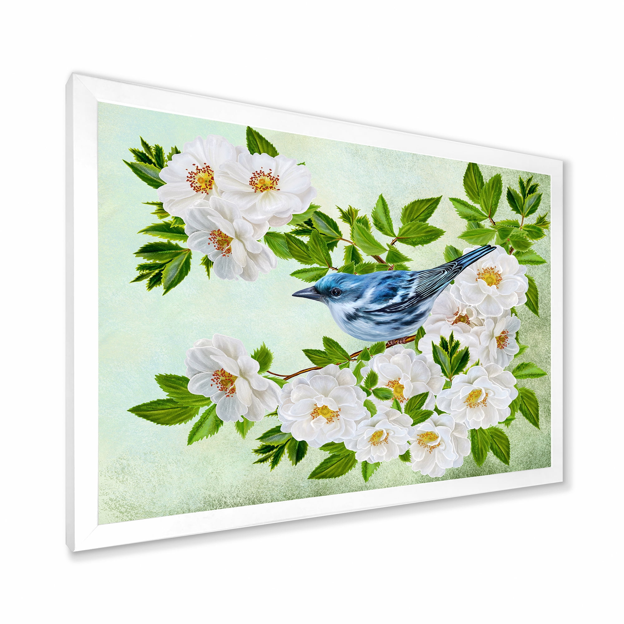Designart 'Little Blue Bird Sitting On A Branch of White Rose Plant' Traditional Framed Art Print