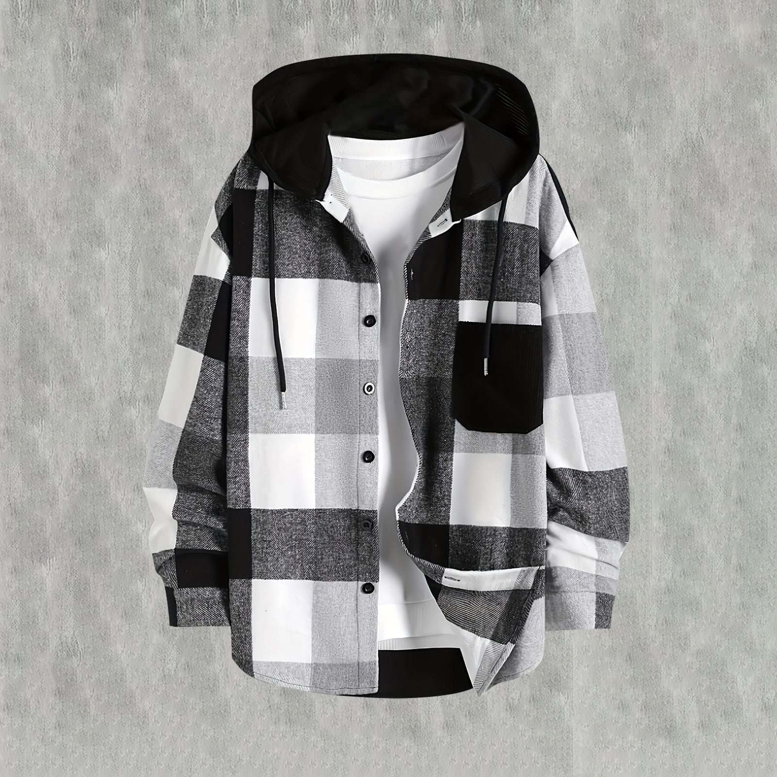Brnmxoke Flannel Hooded Shirt for Men Flannel Hoodie Shirts Long Sleeve Casual Vintage Button Down Plaid Shirt Jacket with Pocket Black,XL