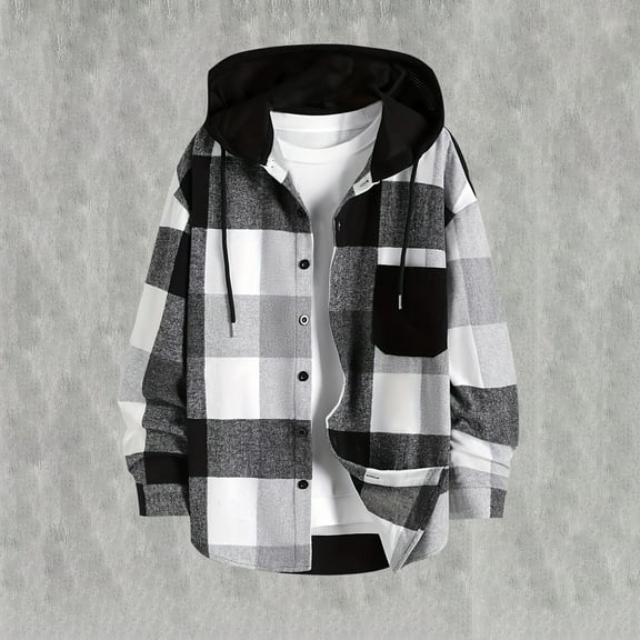 KeShDi Winter Jackets for Men Men Cardigan Patchwork Hoodie Shirt Pockets Long Sleeves Thickened Blouse Plaid Coat Black 2X