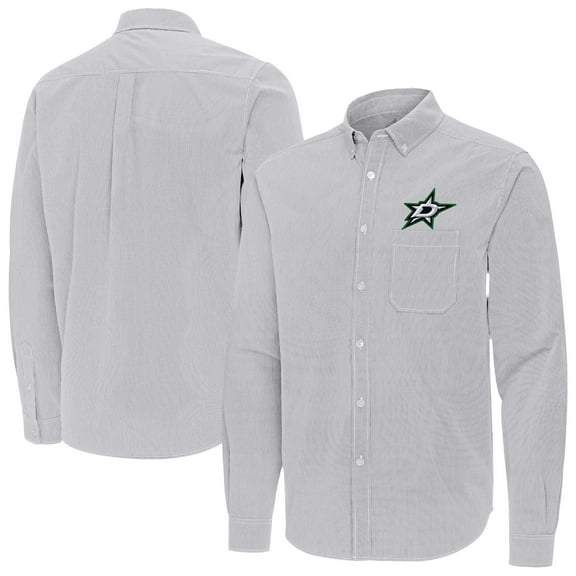Men's Antigua Gray Dallas Stars Porter Woven Tri-Blend Long Sleeve Button-Down Shirt