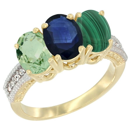 Natural Blue Sapphire Ring - 14K Yellow Gold Natural Green Amethyst, Blue Sapphire & Malachite Ring 3-Stone 7x5 mm Oval Diamond Accent, sizes 5 - 10