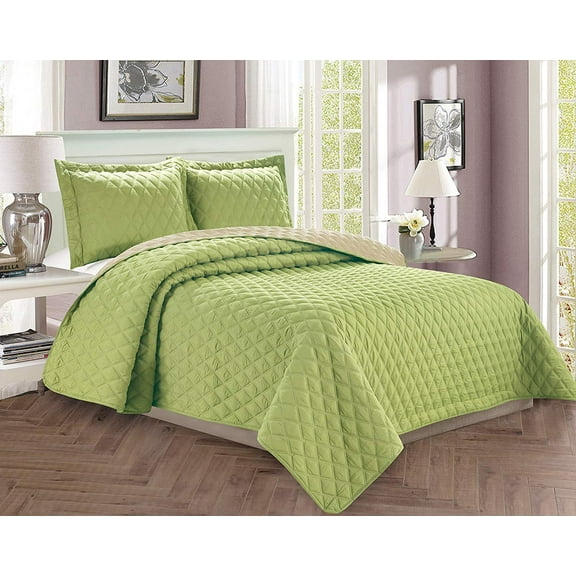 3-Piece Bedspread Coverlet Quilted Set with Shams - Full/Queen, Sage/Cream