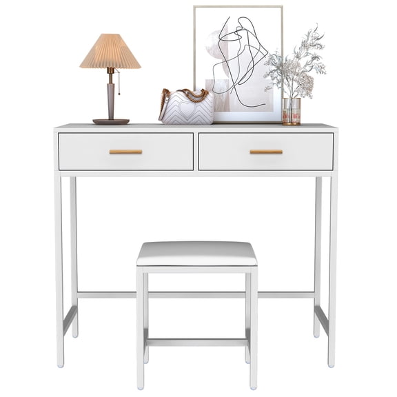 Caulitar Home Office Writing Desk with Drawers, Modern Study Table with Stool for Teens, White