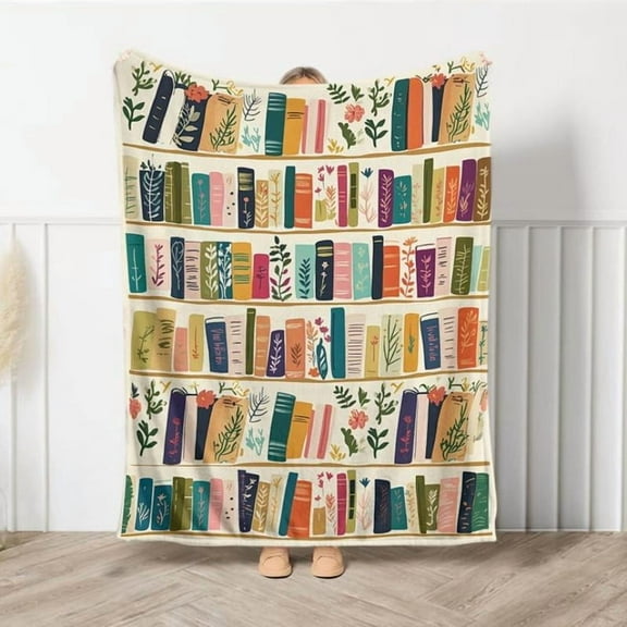 Vintage Bookshelf Library Throw Blanket, Cottagecore Book Wildlowers Blanket Gift For Book Lover Library Gift Floral Bookish Gift For Reader