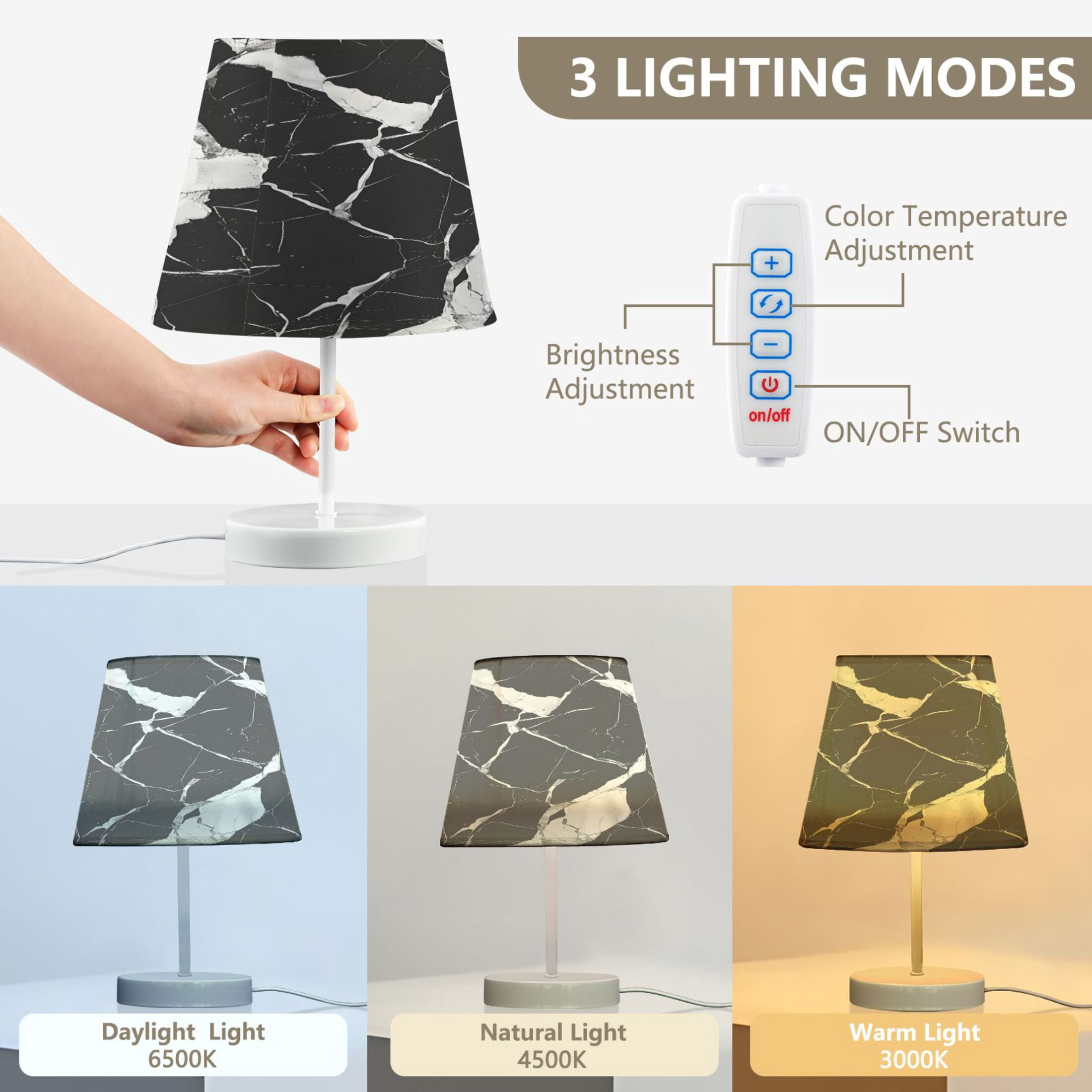 Ryvnso LED Bedside Table Lamp Black and White Marble Bedroom Desk Lamps Nightstand Lampshade S
