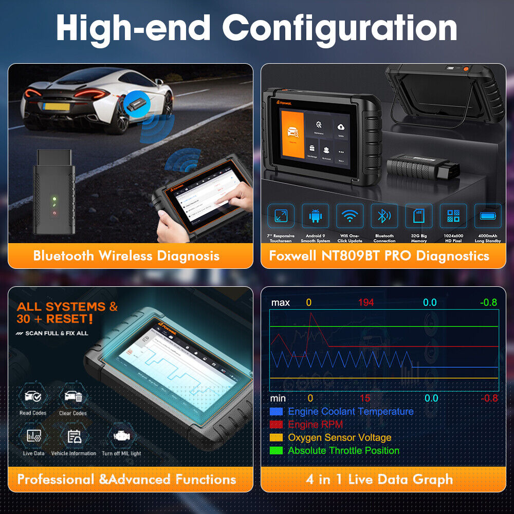 Foxwell NT809BT Automotive Diagnostic Tool with Bi-Directional Control, Wireless Black