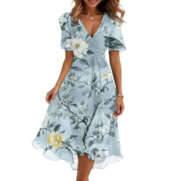 Women's Summer Fashion Casual V Neck Short Sleeve Ruffled Vintage Floral Printed Dresses Knee-Lenghr Chiffon Dress A Line Short Dress