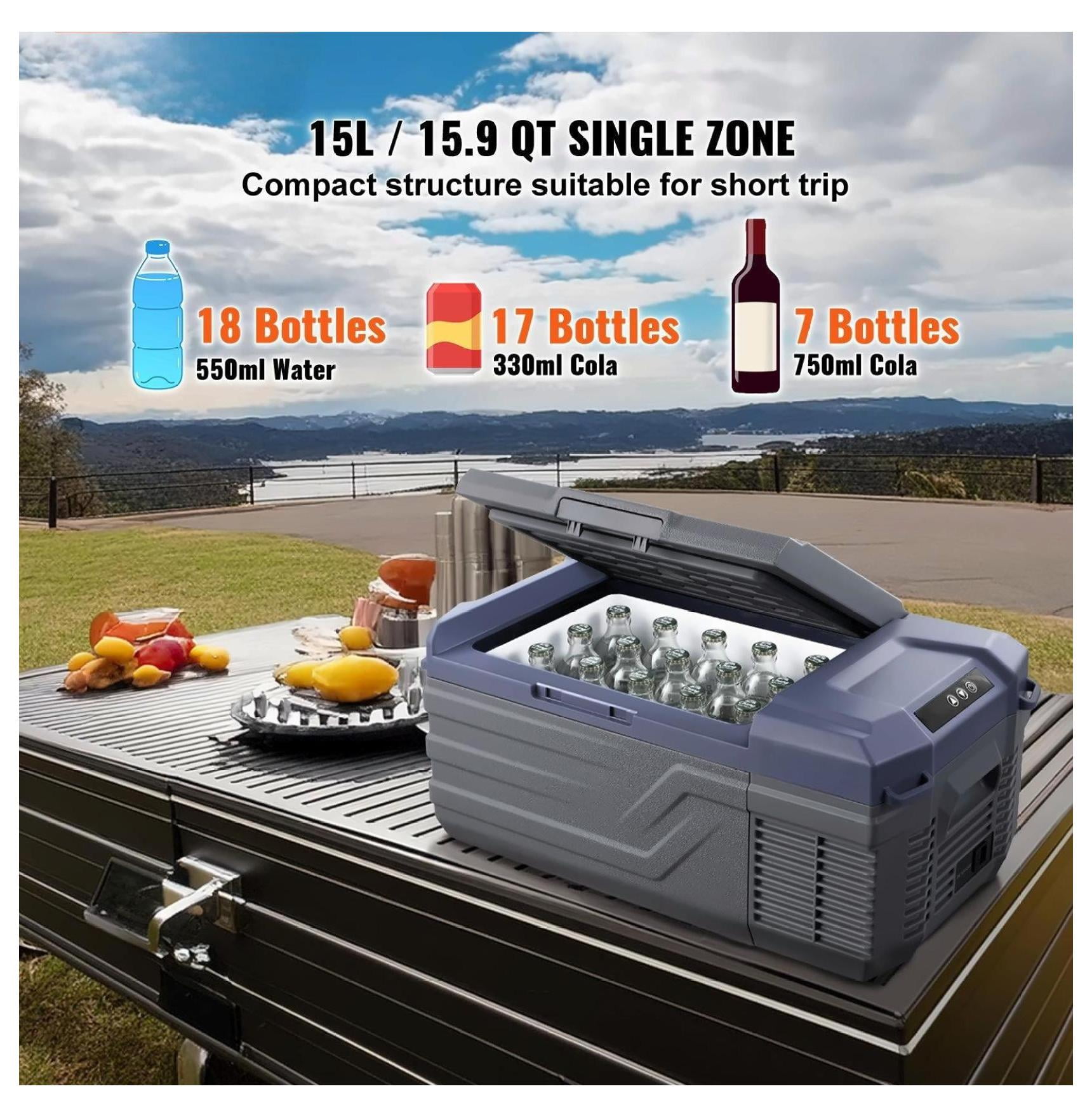 Portable Car Refrigerator Freezer 15L, Compressor Cooler for Car, RV, Home - Fast Cooling, -4°F to 68°F, Bluetooth Control, Low Noise