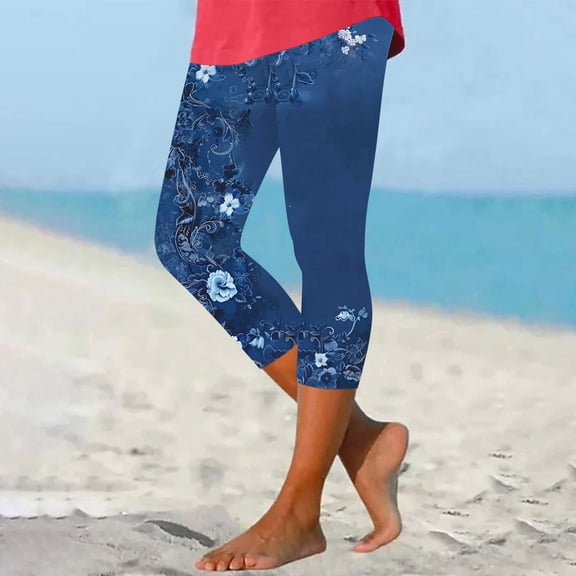 Josdec Women's Floral Print Capri Leggings Slim Fit Stretch Yoga Pants No Pocket High Waist Workout Athletic Capris Plus Size for Summer Daily and Gym Wear