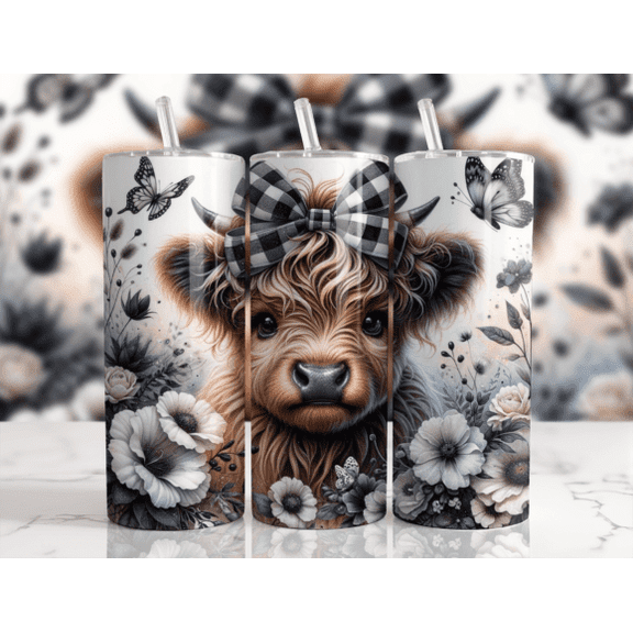 20oz Tumbler - Highland Cow - Black and White, Flowers