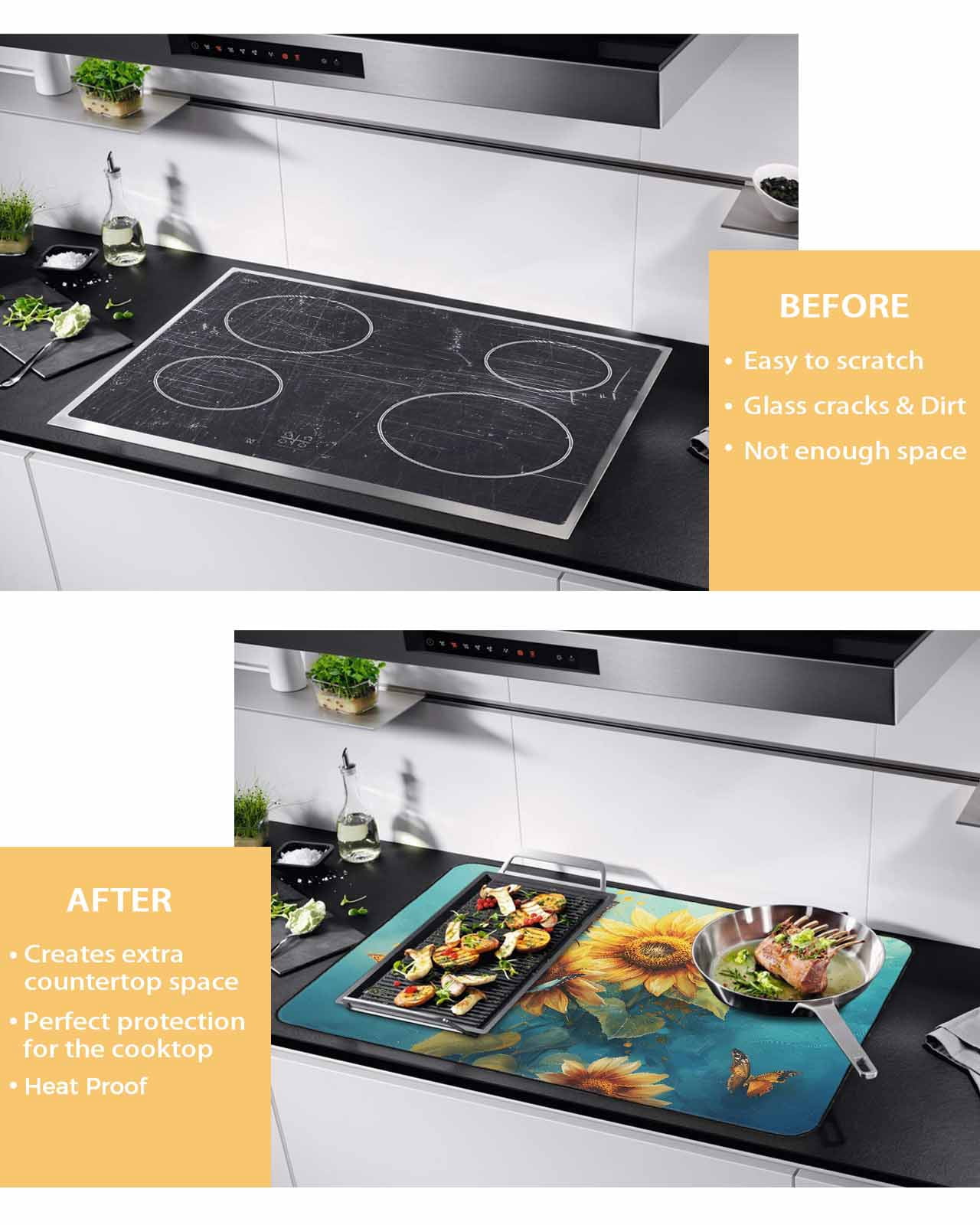 nqOlkjepod Large Induction Cooktop Protector Mat 24"x21", Yellow Sunflower Stove Top Covers for Electric Stove, Spring Butterfly Teal Abstract Vintage Stove Burner Cover Mats, Glass Top Stove Cover
