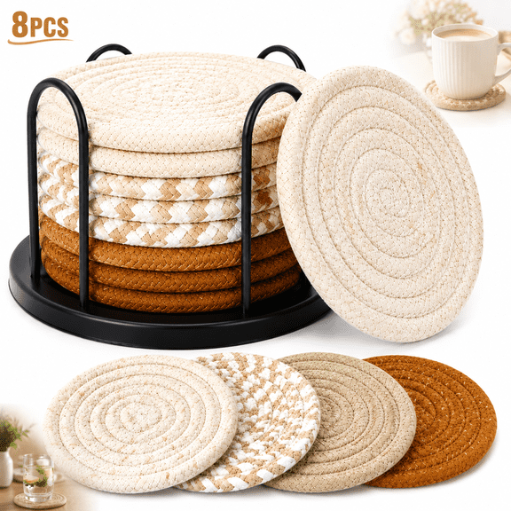Genreen 8-Piece Woven Cotton Coaster Set with Metal Holder – 4.3" Absorbent Boho Drink Mats – Heat Resistant Table Protection for Coffee Mugs, Beer & Glassware (4 Assorted Colors)
