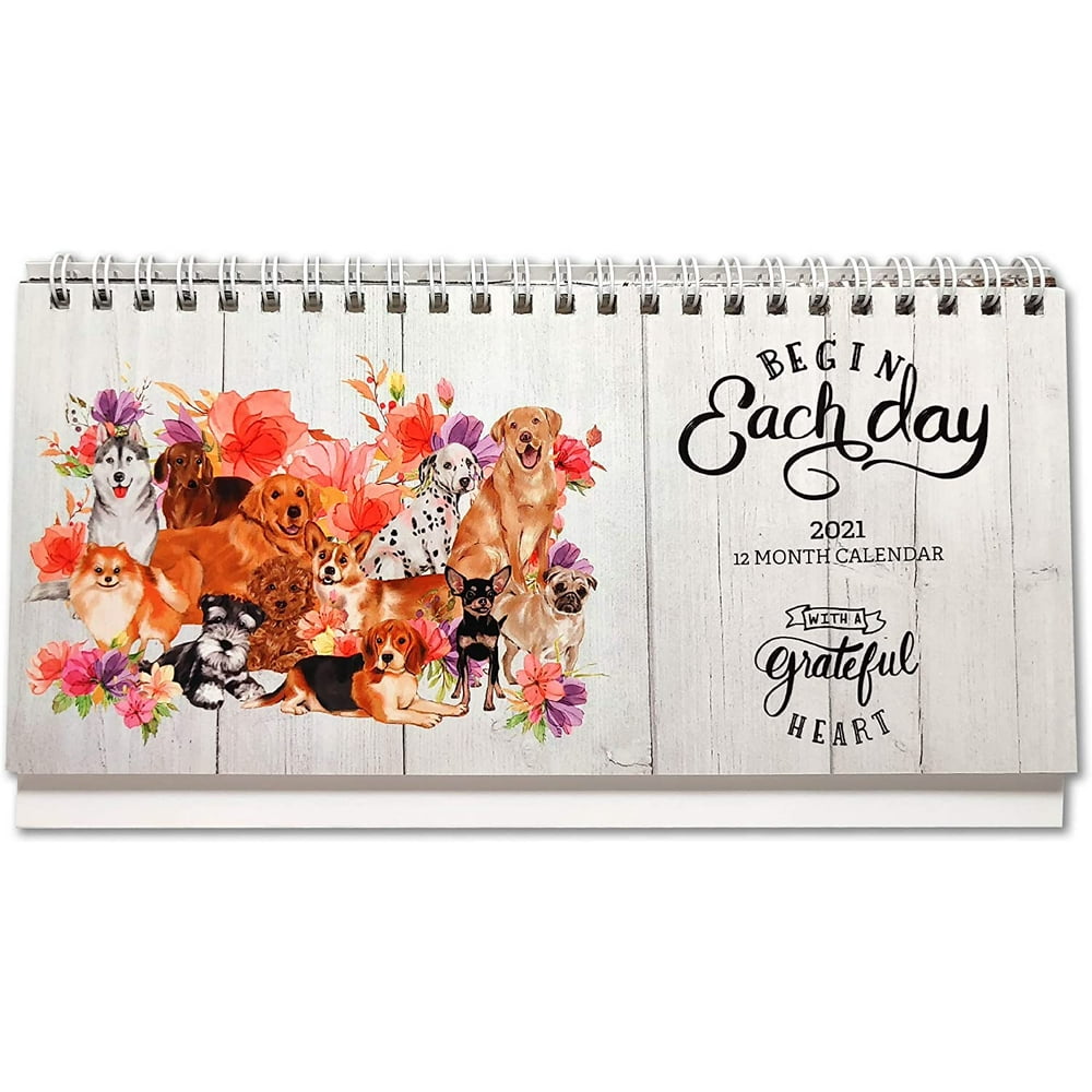 20212022 Stand Up Desk CalendarCute Dog and Floral Bloom Theme