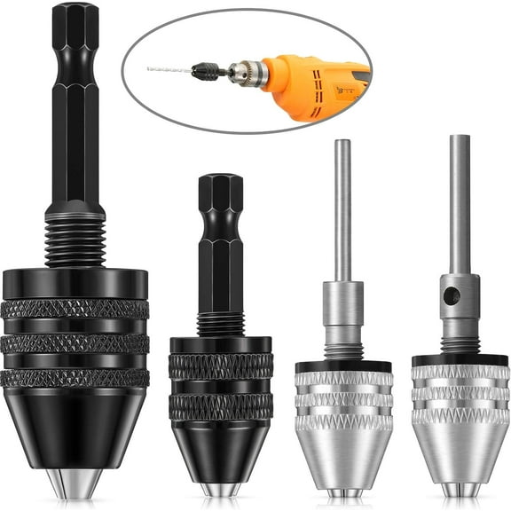 4 Pieces Keyless Drill Chuck, 1/4, 1/8, 1/16 Inch Hex and Round Shanks Small Drill Chuck Change Adapter