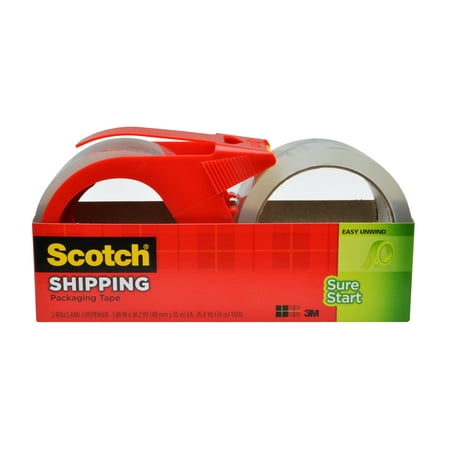 Scotch Sure Start Shipping Packaging Tape, 1.88 in. x 38.2 yd, Clear, 2 Rolls and 1 Dispenser/Pack
