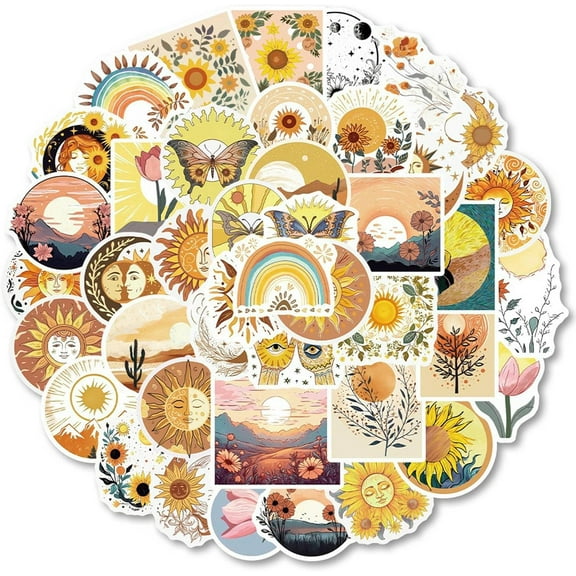 50pcs Plant Theme PVC Self Adhesive Cartoon Stickers Waterproof Sun Decals for Laptop Bottle Luggage Decor Yellow 46~59.5x38.5~64.5x0.2mm