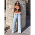 thumbnail image 4 of Female High Waisted Raw Hem Jeans Stretchy Wide Leg Frayed Straight Denim Pants Light Blue S, 4 of 10