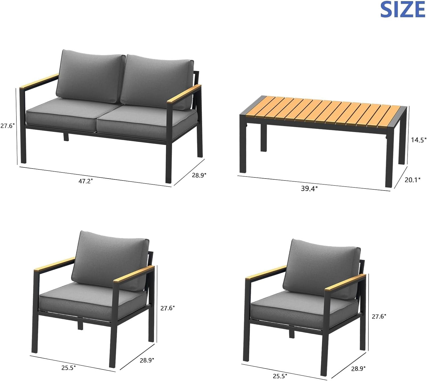 Aluminum Patio Furniture Set 4 Pieces Patio Conversation Set Outdoor Sectional Sofa with Thicken Cushion and Plastic-Wood Coffee Table, Patio Sets Fits Garden Backyard Balcony (Grey)