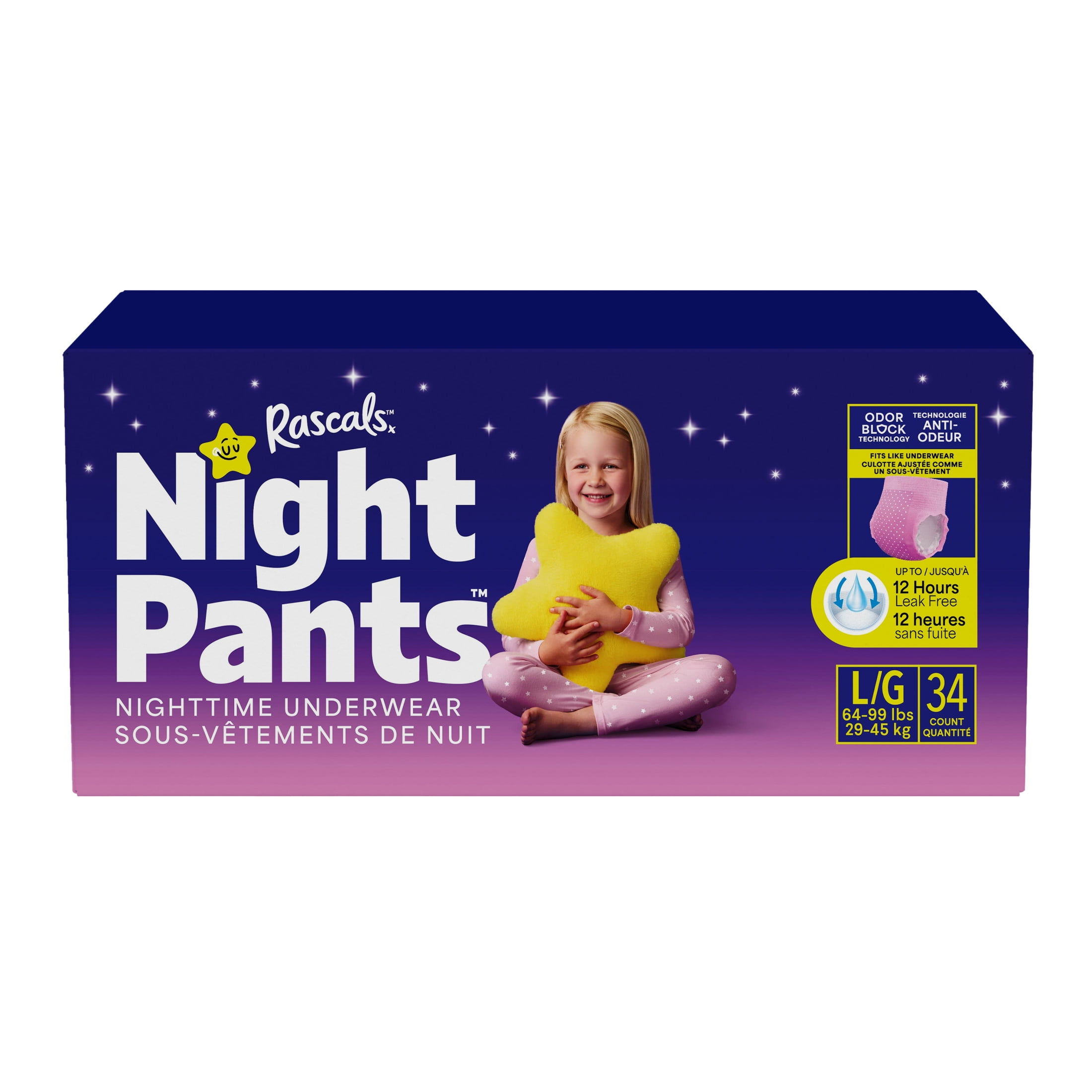 Rascals Night Pants, Absorbent Disposable Girls Nighttime Bedwetting Underwear, L (64-99 lbs), 34 Count, Night Pants