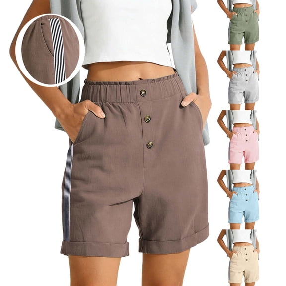 Bloomae Womens Linen Shorts Lightweight Casual Striped Patchwork Summer Elastic High Waist Button Tailored Shorts Pleated Beach Vacation Clothes with Pockets Khaki M